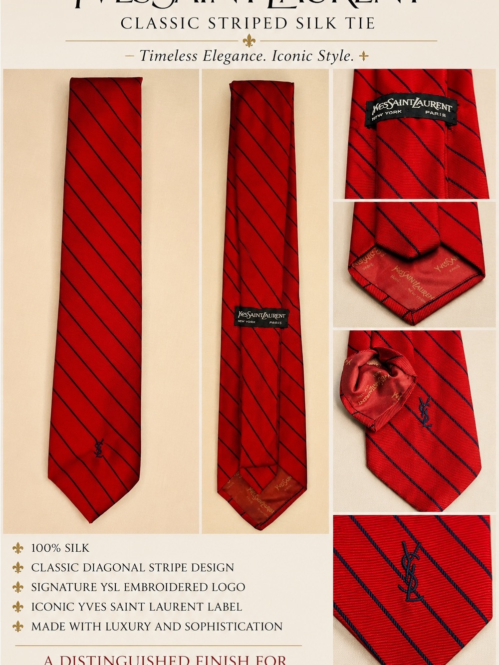 Yves Saint Laurent Red Silk Tie with Navy Diagonal Stripes